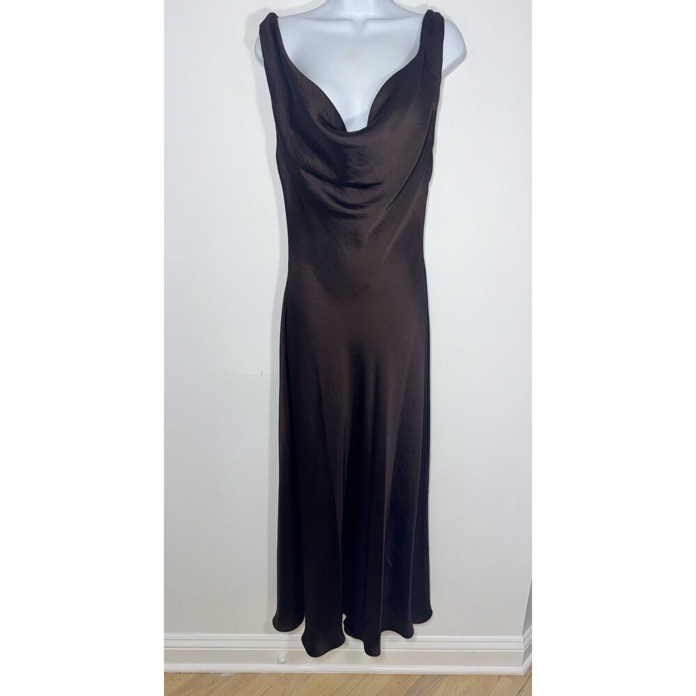 Zara Dress Women Medium Chocolate Brown Satin Cowl Neck Backless Maxi Slip Gown